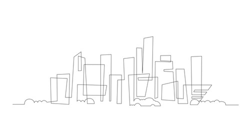 City landscape continuous one line. Single line cityscape. Downtown landscape with skyscrapers. Architectural panorama. Hand drawn sketch with urban silhouettes, city, skyscraper, building. Vector