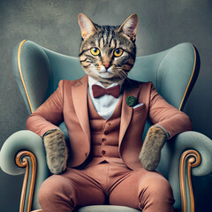 Surreal studio portrait of a cat in a suit