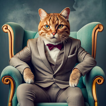 Surreal studio portrait of a cat in a suit
