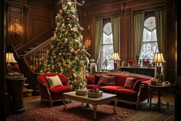 Classic Christmas decor in a Victorian living room. Generative AI