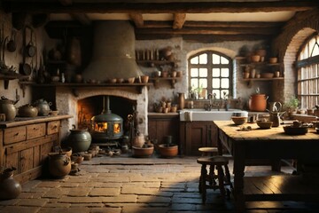 Tudor and medieval style cooking room - obrazy, fototapety, plakaty