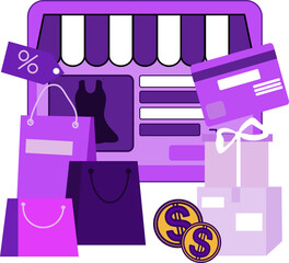 Online shopping concept illustrations on the mobile application. e-commerce with icons on the shelf on the smartphone screen.