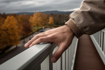 A close-up photograph focuses on a person's hand holding onto a railing for stability, highlighting the challenges of movement and balance during illness. Generative Ai.