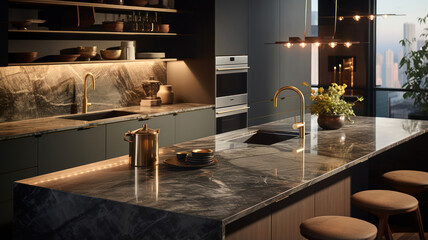 A detailed shot of a sleek, modern kitchen within a high-end penthouse - obrazy, fototapety, plakaty