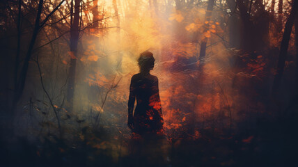 A haunting double exposure photograph merging a forest landscape with a human silhouette