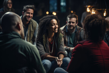 Obraz premium Support group meeting, portraying individuals coming together to share their experiences and find solace in one another's stories of pain and illness. Generative Ai.