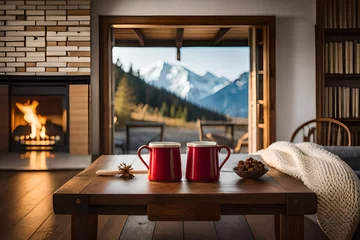 Schilderijen op glas cup of hot tea on table in front of fireplace presenting a glamorous winter scene generated by AI © sdk