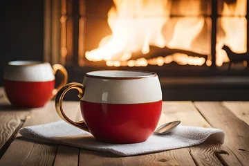 Foto op Plexiglas cup of hot tea on table in front of fireplace presenting a glamorous winter scene generated by AI © sdk