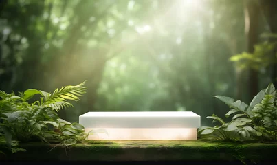 Foto op Canvas Photography nature wood podium product, photo on a flat front shot,  soft green background, beautiful soft lighting and shadow, nature background, elegant podium, nature minimalism Ai image generative © Anditya