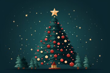 Illustration of a beautifully decorated Christmas tree with a shining star on top created with Generative AI technology