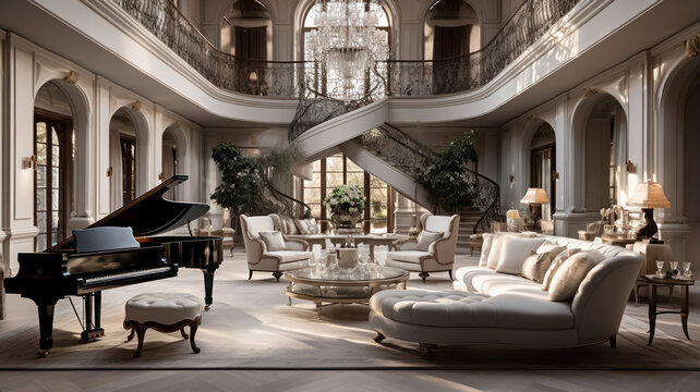 An opulent living room in a luxury estate, featuring velvet furniture, a grand piano, and a crystal chandelier