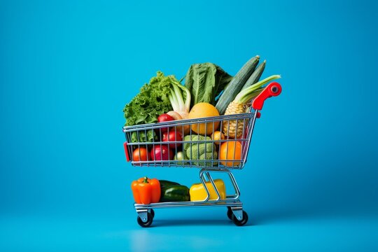 A stocked shopping cart with fresh produce on a vibrant blue backdrop. Generative AI