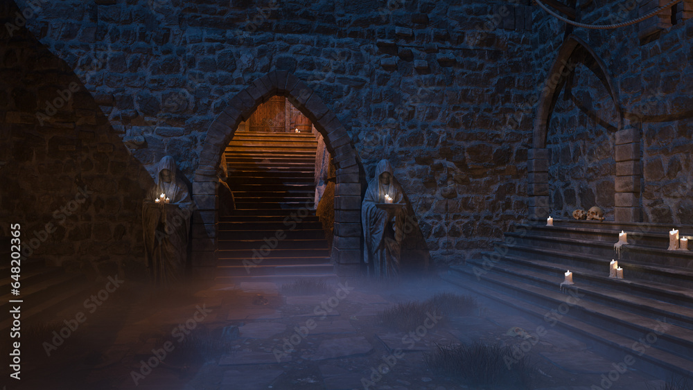 Poster dark creepy gothic medieval castle doorway with stone statues outside. 3d rendering.