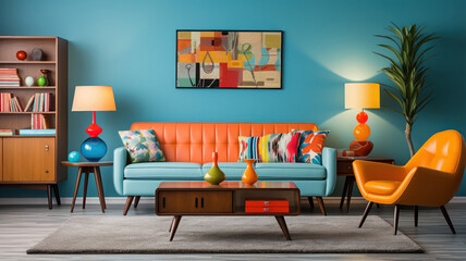 Vibrant living room setting featuring retro-patterned wallpaper, colorful furniture, and 70s-inspired decor