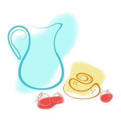 A milk jug, a bun and three strawberries one line with gradient spots on the background. Isolated on white minimalistic hand drawn clip art.