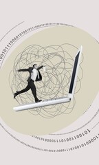 Creative collage of businessman running on big laptop