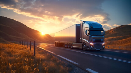 Blue truck driving trough countryside at sunset