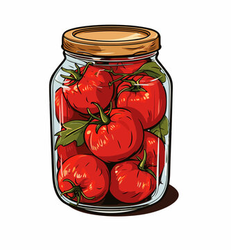 Jar preserved vegetables. Can of pickled tomatoes. Cartoon canned food in glass. Grocery conserve container