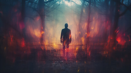 A haunting double exposure photograph merging a forest landscape with a human silhouette