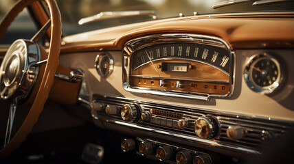 A close-up of a classic car dashboard, showcasing vintage dials and a retro radio - obrazy, fototapety, plakaty