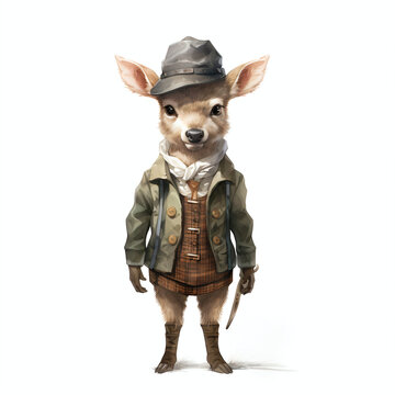 A Deer Wearing A Park Ranger's Outfit And A Hat In The White Background