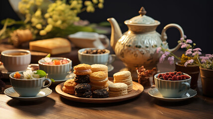 Charming tea set arranged on a wooden table, featuring an assortment of teas and pastries - obrazy, fototapety, plakaty