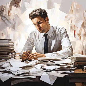 Office Worker Overwhelmed By Work And Papers. Generative AI