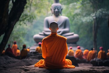 Novices monk vipassana meditation at front of statue - obrazy, fototapety, plakaty