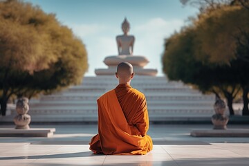 Novices monk vipassana meditation at front of Buddha statue - obrazy, fototapety, plakaty