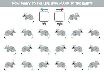 Left or right with cute cartoon gray bandicoot. Logical worksheet for preschoolers.
