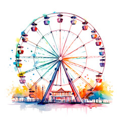 Ferris wheel on a white background, watercolor, generative AI - obrazy, fototapety, plakaty