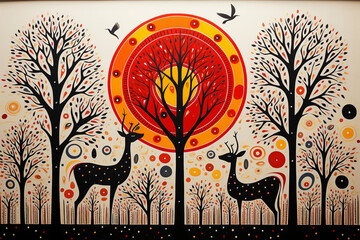 Two deer standing in the whimsical wood, combination of Gond, Madhubani and Aboriginal spot painting, minimalism, stylized.