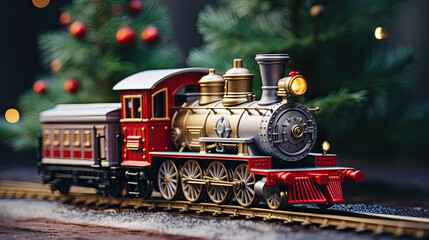 Nahaufnahme einer Spielzeugeisenbahn oder Modelleisenbahn mit Gleise unter dem Weihnachtsbaum, Weihnachtsgeschenk unter dem festlich geschmückten Weihnachtsbaum - obrazy, fototapety, plakaty
