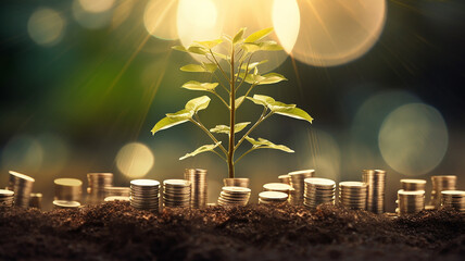 The tree grows on stacked coins on the soil with blur nature background.