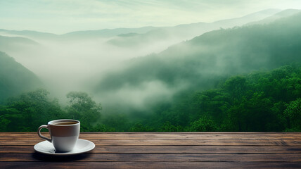 coffee cup on empty wooden table with mountain view in the morning.