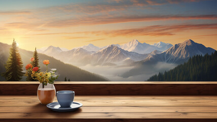 coffee cup on empty wooden table with mountain view in the morning. - obrazy, fototapety, plakaty