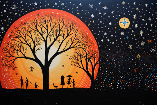 Children holding hands dancing around a massive tree. Minimalism, stylised, fusion of gond, madhubani and aboriginal dot painting, whimsical, midsummer night, clear sky, moon, twinkling stars.
