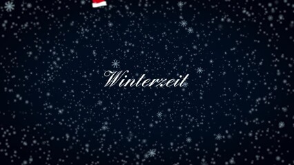 Snowfall on dark blue night sky with floating santa hat and the text “Winterzeit”. Animated christmas background. German text. - Powered by Adobe