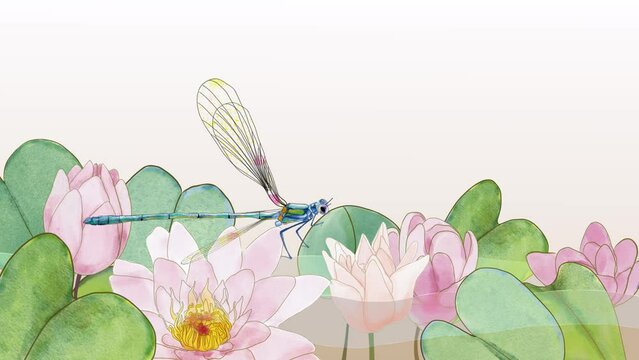 dragonfly in pond with water lilies animated illustration for wallpaper, social media and web design