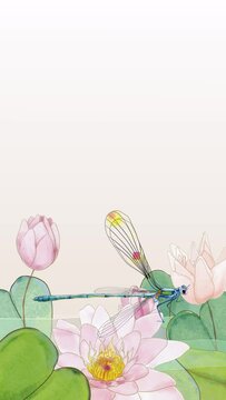 animated design of dragonfly in pond with water lilies watercolor illustration for wallpaper, social media and web design vertical format for phone