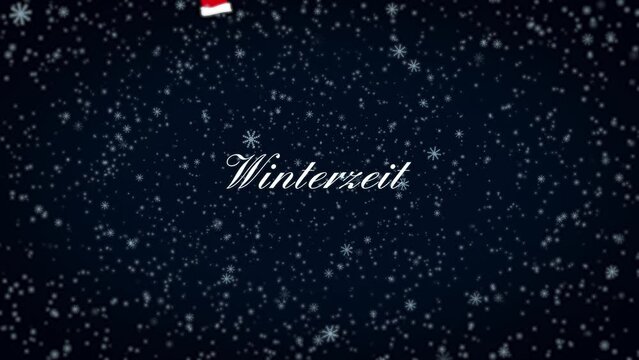 Snowfall on dark blue night sky with floating santa hat and the text “Winterzeit”. Animated christmas background. German text.