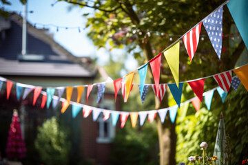 Festive decorations for outdoors party celebrating. Garland made of colored flags on trees in backyard.