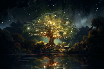 Illustration of a shimmering tree amidst a dark backdrop. Enchanting woodland. Generative AI