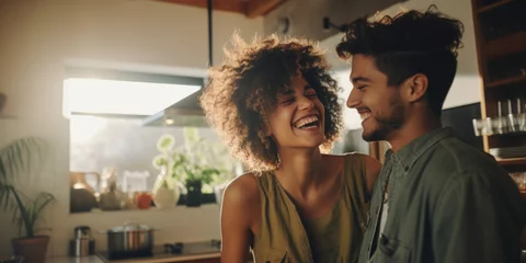Fotobehang Happy couple smile together with love in kitchen at home. Anniversary celebration at home, mature married healthy man and active woman support each other, generative ai © OP38Studio