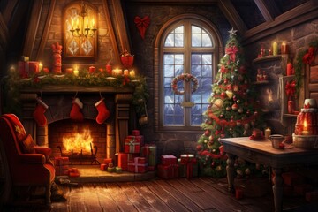 Fototapeta na wymiar christmas tree in front of fireplace