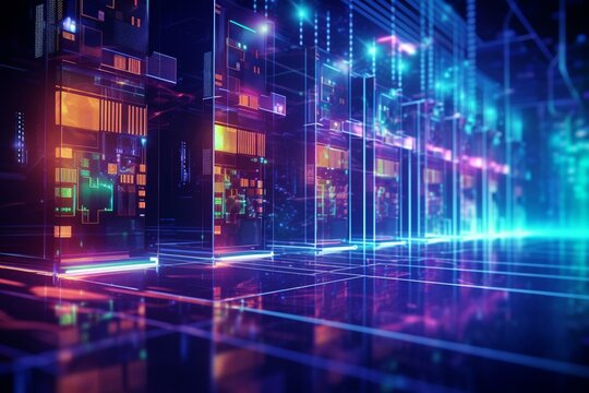 Close-up neon illustration with futuristic abstract background and lines representing network, data center, server, internet, and speed. Generative AI
