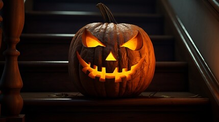 Halloween Jack-o'-lantern on stairs, spooky mood, scary spooky pumpkins, Trick or treat, October, autumn
