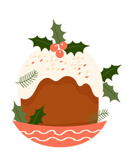 Christmas cake with holly on white background. Vector illustration. Traditional holiday food.