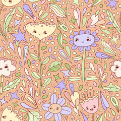 Hippie groovy floral seamless pattern - 648207385