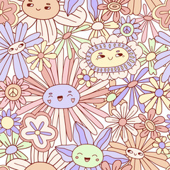 Hippie groovy floral seamless pattern - 648207390